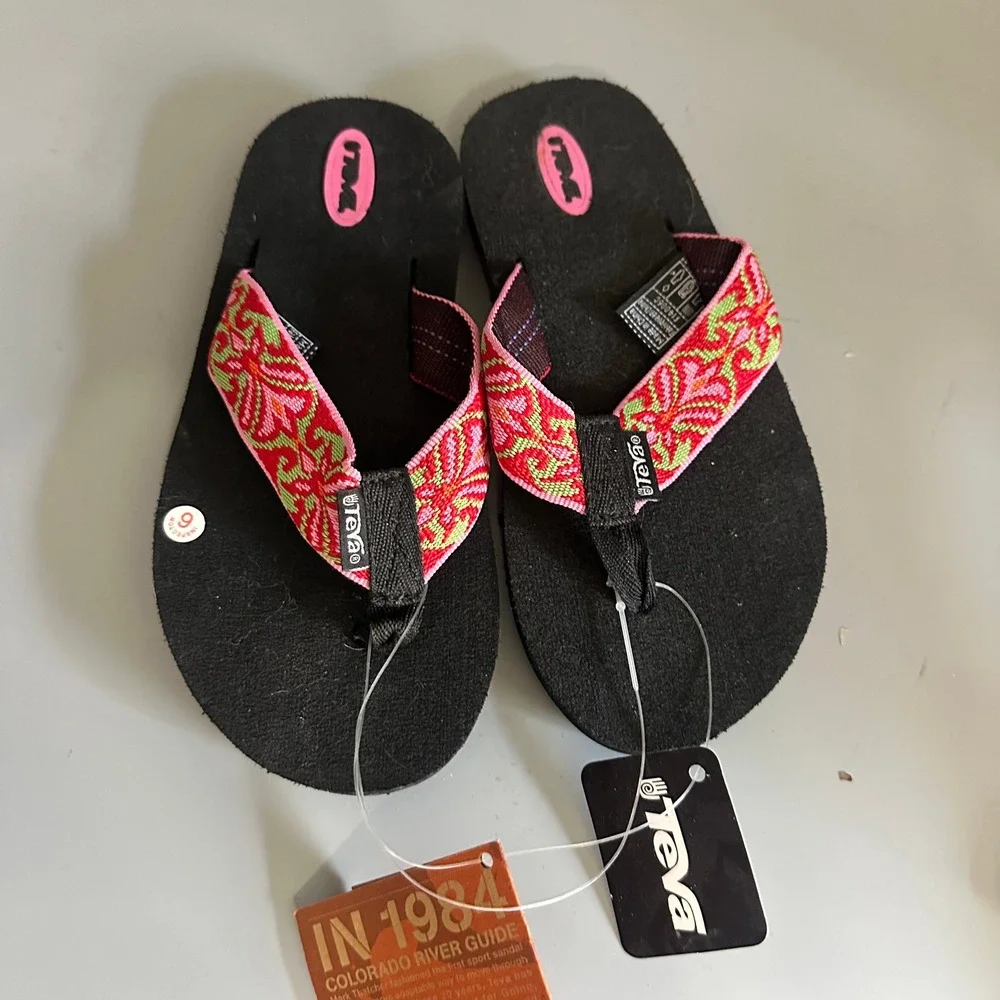 Teva Youth 1 Olowahu Flip Flop Sandals Mush Sole Pink Green Geometric Straps NEW